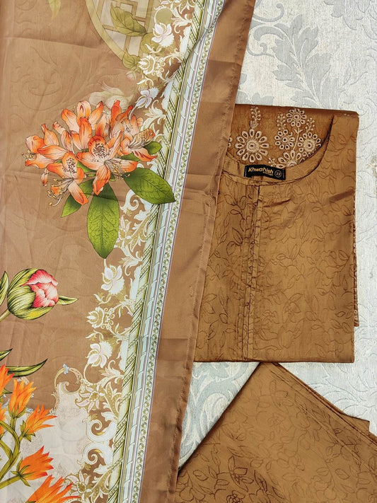 MN Brown and Green colour silk with embossed patterns and floral print silk dupatta excellent quality shalwar kameez in sizes (S to 7XL) womenswear traditional plus size - AdoreByKhwahish