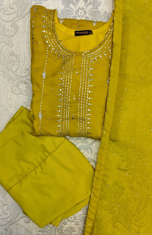 MN mukesh kamdaani embroidery mustard colour shalwar kameez in chiffon fabric in sizes (S to 2XL) - AdoreByKhwahish