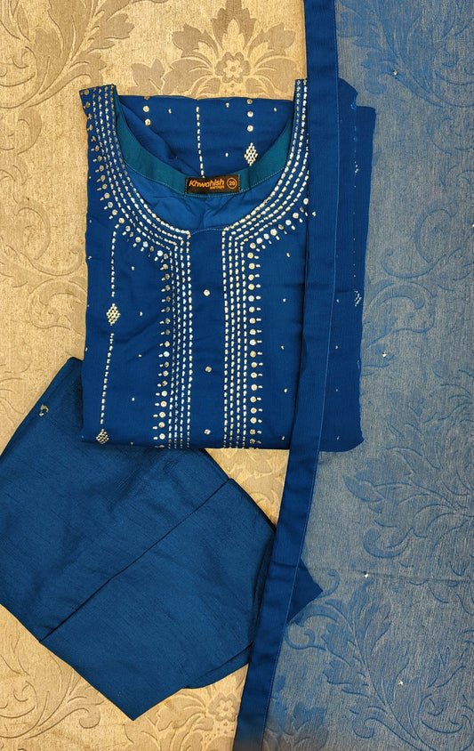 MN mukesh kamdaani embroidery teal blue colour shalwar kameez in chiffon fabric in sizes (S to 2XL) - AdoreByKhwahish