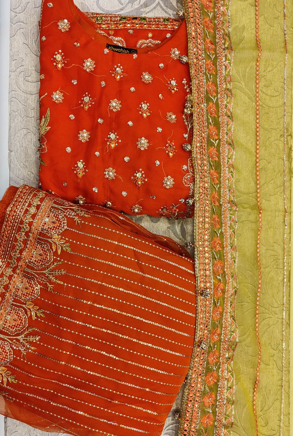 MNR Orange with Olive Green Colour Embroidery Kameez with Lehenga in Organza Fabric in Sizes (S to 7XL) - AdoreByKhwahish