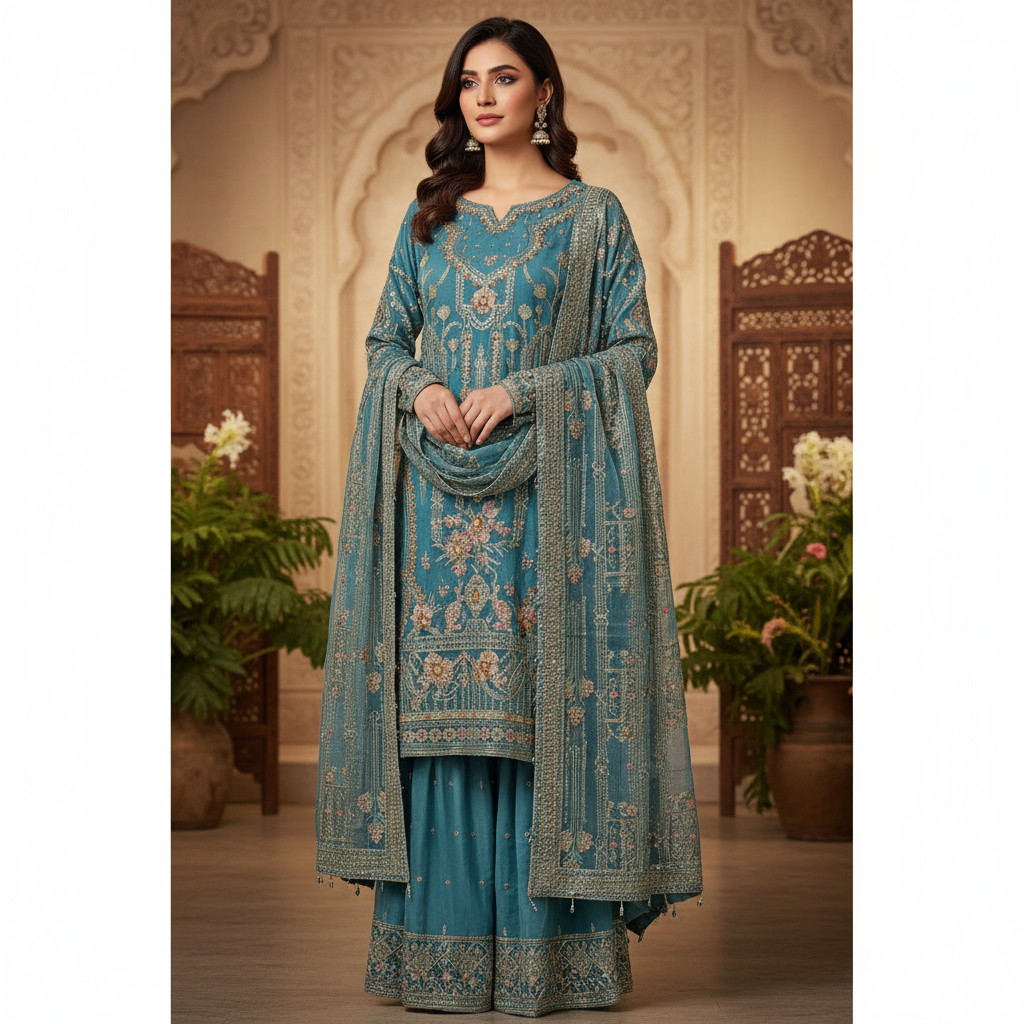 MNR ZRL Ocean Mirage | Hand Embroidered Teal Organza Kameez & Sharara Set