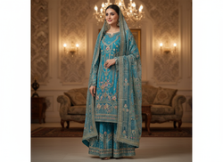 MNR ZRL Ocean Mirage | Hand Embroidered Teal Organza Kameez & Sharara Set