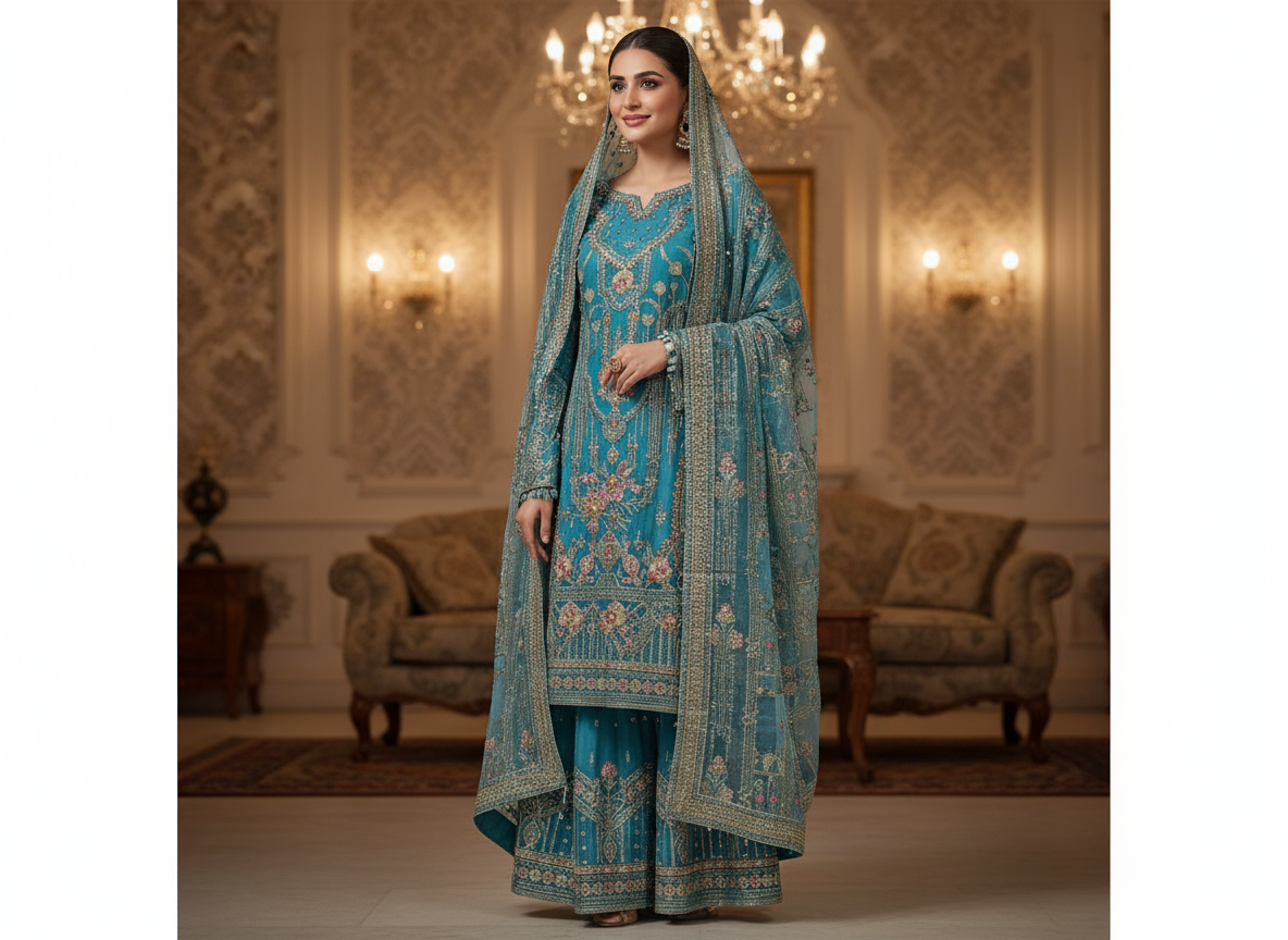 MNR ZRL Ocean Mirage | Hand Embroidered Teal Organza Kameez & Sharara Set