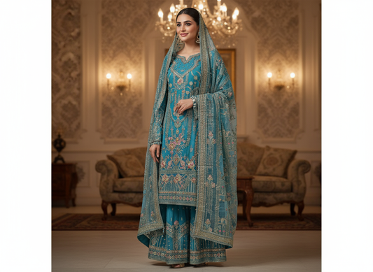 MNR ZRL Ocean Mirage | Hand Embroidered Teal Organza Kameez & Sharara Set
