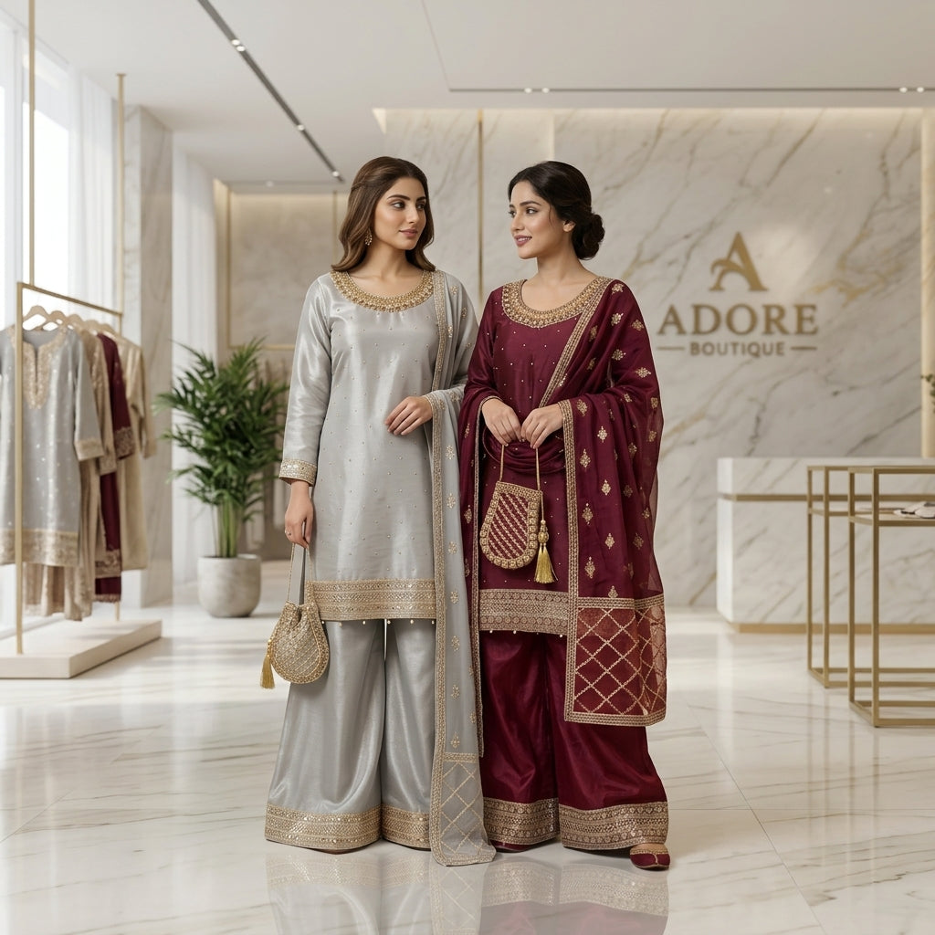 Celestial Noor – Embellished Shimmer Silk Sharara Suit with Embroidered Chiffon Dupatta | M–8XL