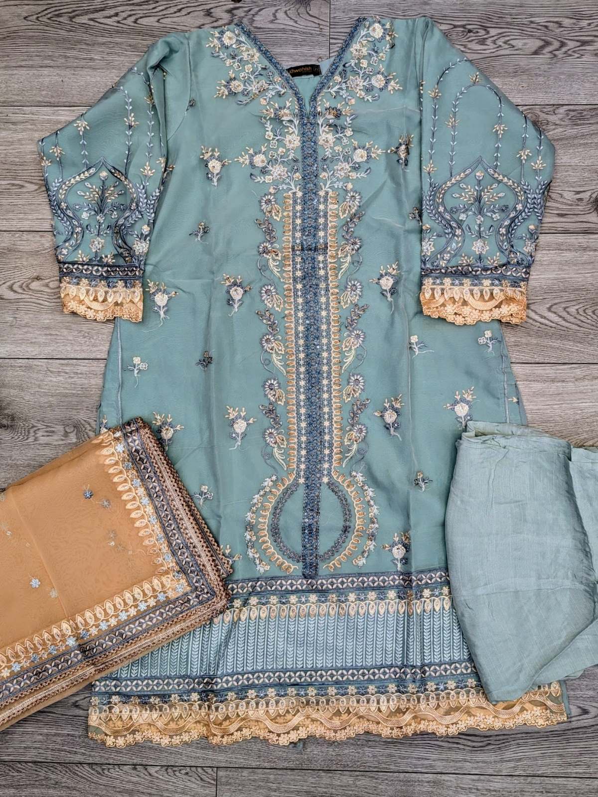 MSQ mint blue with peach colour hand embellished shalwar kameez in organza fabric with embroidered dupatta in sizes (L to 7XL) womenswear traditional dress plus size - AdoreByKhwahish