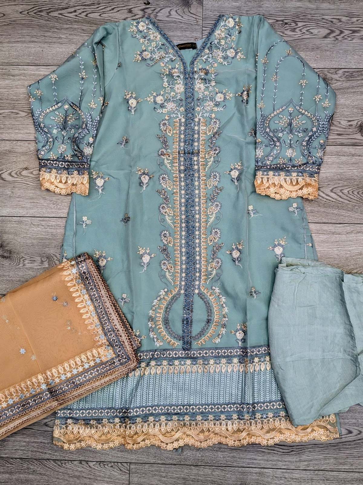 MSQ mint blue with peach colour hand embellished shalwar kameez in organza fabric with embroidered dupatta in sizes (L to 7XL) womenswear traditional dress plus size - AdoreByKhwahish