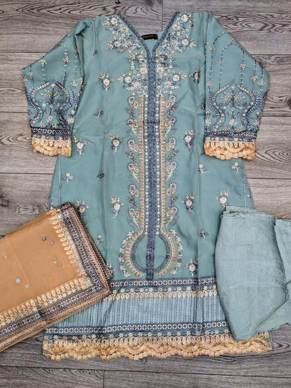 MSQ mint blue with peach colour hand embellished shalwar kameez in organza fabric with embroidered dupatta in sizes (L to 7XL) womenswear traditional dress plus size - AdoreByKhwahish