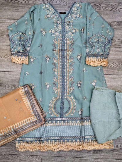 MSQ mint blue with peach colour hand embellished shalwar kameez in organza fabric with embroidered dupatta in sizes (L to 7XL) womenswear traditional dress plus size - AdoreByKhwahish