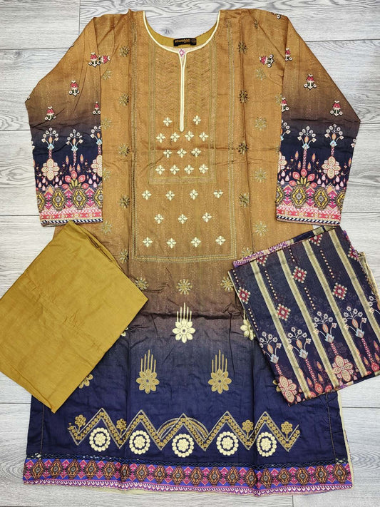 Mustard and Navy Blue colour embroidered cotton fabric shalwar kameez with cotton dupatta in sizes (L to 7XL) womenswear traditional plus size comfort clothing - AdoreByKhwahish