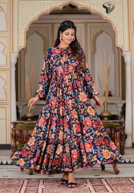 Navy blue with pink and orange floral print long dress maxi style muslin silk fabric with belt (Sizes: S to 5XL) womenswear traditional Muslim abaya style - AdoreByKhwahish