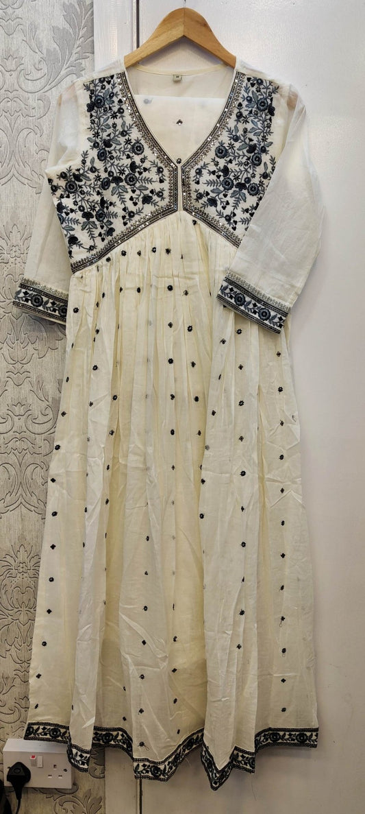 Off - white and Black Colour Delicate Embroidered Cotton Long Dress in sizes (S to XL) With Cotton Dupatta and trousers womenswear cotton dress comfort clothing - AdoreByKhwahish