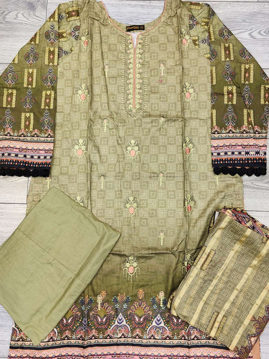 Olive green ombre colour embroidered cotton fabric shalwar kameez with cotton dupatta in sizes (S to 7XL) womenswear traditional plus size comfort clothing - AdoreByKhwahish