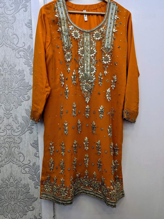 Orange Colour Embroidered Chiffon Suit with Orange Dupatta and Pink Sharara In Sizes (M to L) - AdoreByKhwahish