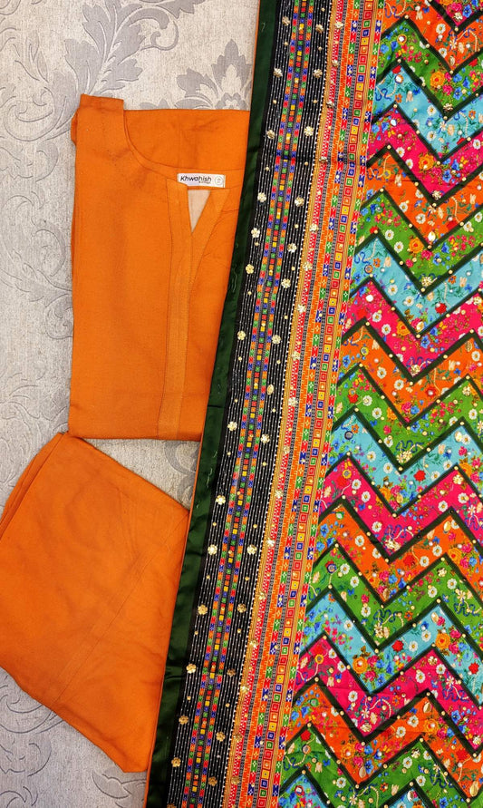 Orange Colour Plain Shalwar Kameez with Multicolour Embroidered Silk Dupatta in Sizes (S and 2XL) - AdoreByKhwahish