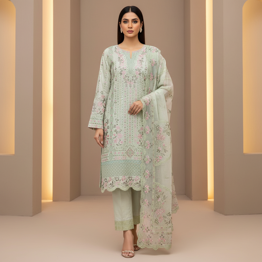 AKBA Minted Bloom: Laser Cut & Thread Embroidered Shalwar Kameez with Pink Accents | Khaadi Net Dupatta | Everyday to Festive Wear | M to 8XL