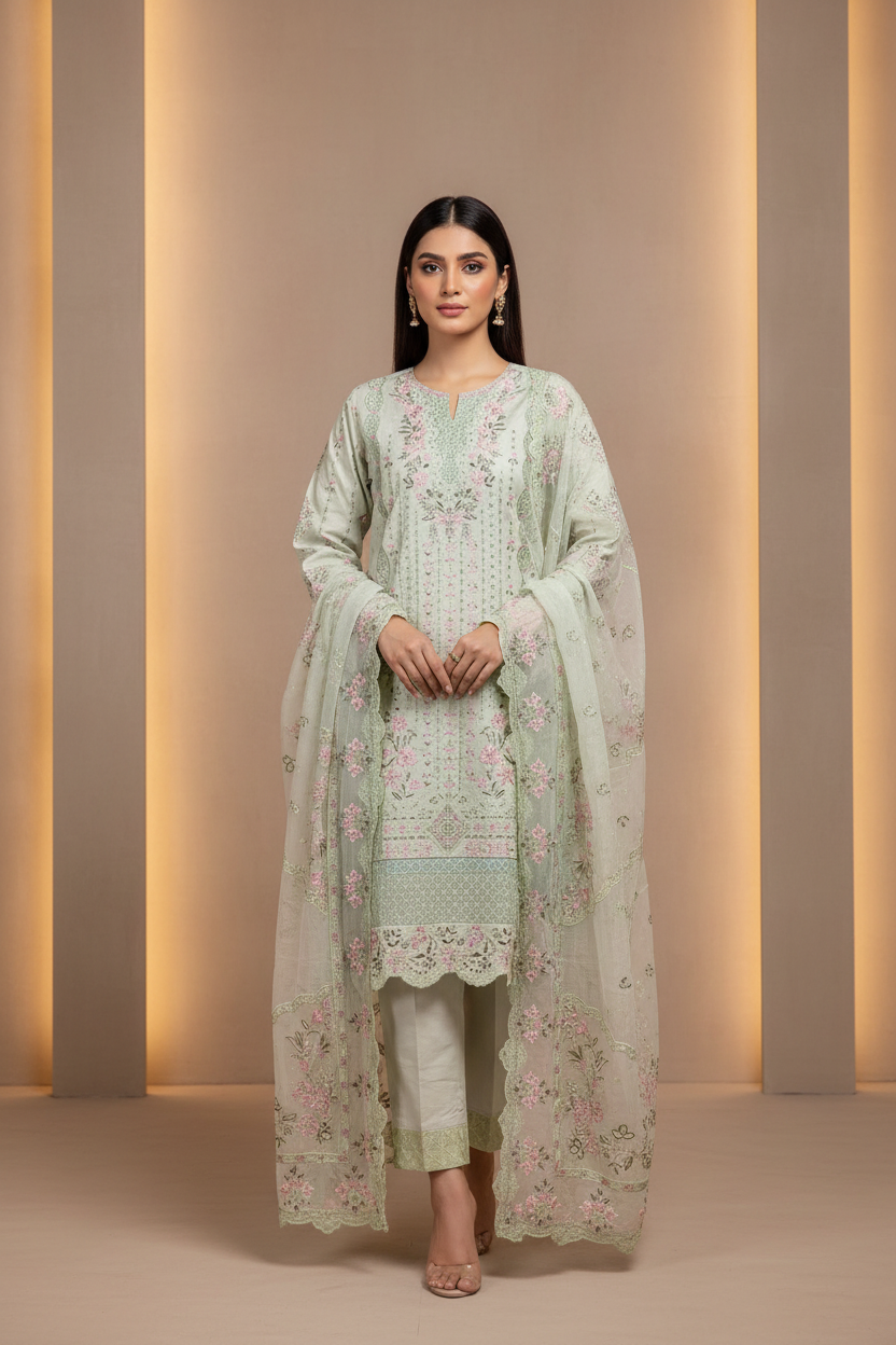 AKBA Minted Bloom: Laser Cut & Thread Embroidered Shalwar Kameez with Pink Accents | Khaadi Net Dupatta | Everyday to Festive Wear | M to 8XL