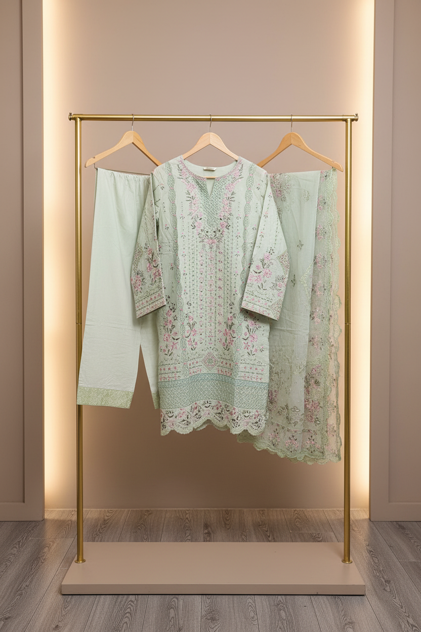 AKBA Minted Bloom: Laser Cut & Thread Embroidered Shalwar Kameez with Pink Accents | Khaadi Net Dupatta | Everyday to Festive Wear | M to 8XL