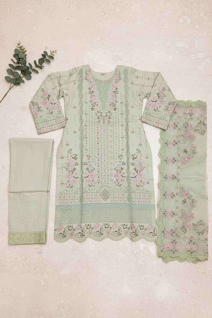 AKBA Minted Bloom: Laser Cut & Thread Embroidered Shalwar Kameez with Pink Accents | Khaadi Net Dupatta | Everyday to Festive Wear | M to 8XL
