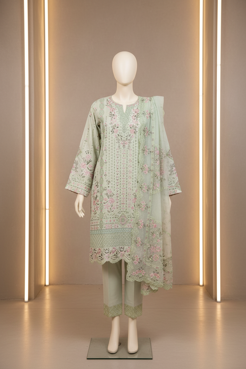 AKBA Minted Bloom: Laser Cut & Thread Embroidered Shalwar Kameez with Pink Accents | Khaadi Net Dupatta | Everyday to Festive Wear | M to 8XL