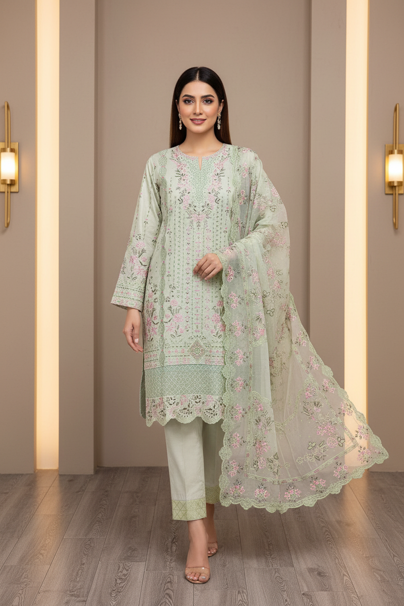 AKBA Minted Bloom: Laser Cut & Thread Embroidered Shalwar Kameez with Pink Accents | Khaadi Net Dupatta | Everyday to Festive Wear | M to 8XL