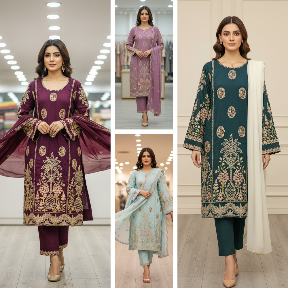 MB Festive Craft: Laser Cut & Sequin Embroidered Shirt – Tyrian Purple, Midnight Green, Heather Mauve & Powder Blue | Eid Outfit