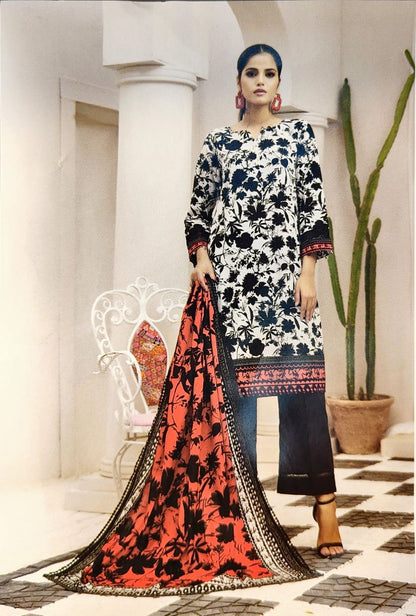 REG Khadder Black and White Colour Floral Print Shalwar Kameez - (05) in sizes (S to 7XL) - AdoreByKhwahish