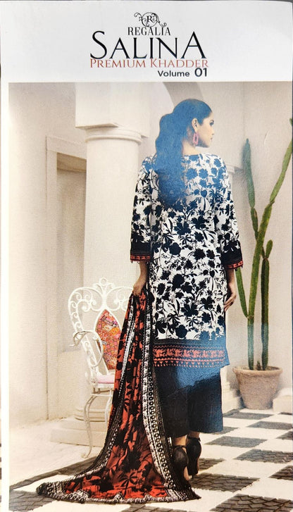 REG Khadder Black and White Colour Floral Print Shalwar Kameez - (05) in sizes (S to 7XL) - AdoreByKhwahish