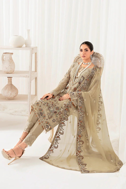 RMS rangoon light beige colour embroidery shalwar kameez in chiffon fabric embroidered dupatta in sizes (S to 6XL) womenswear traditional plus size comfort fashion clothing - AdoreByKhwahish