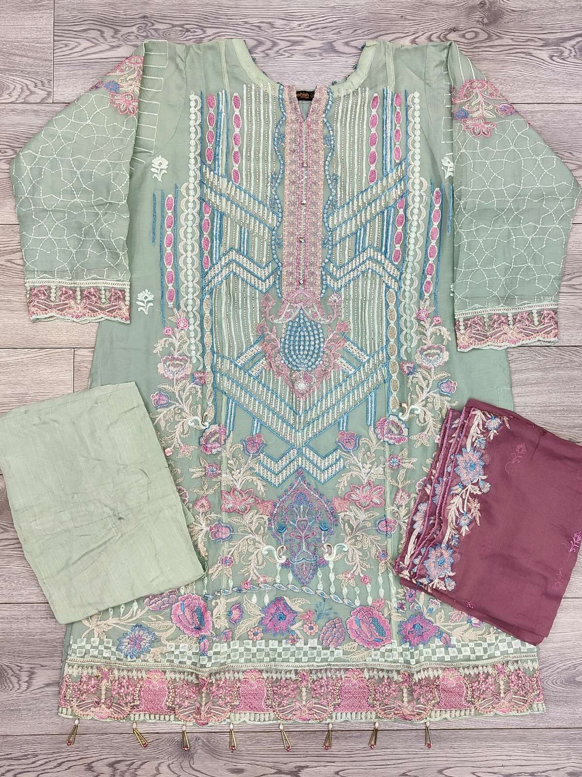 RMS rangoon mint green and pink colour embroidered chiffon fabric shalwar kameez with embroidery dupatta in sizes (2XL to 5XL) womenswear traditional plus size - AdoreByKhwahish