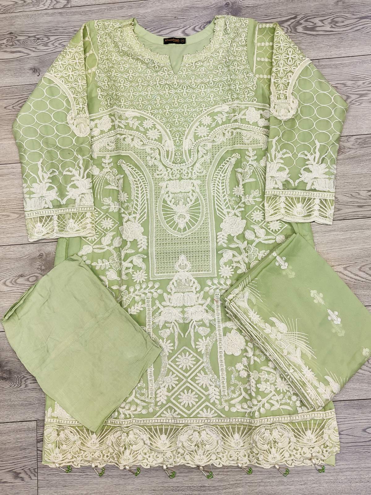 RMS rangoon mint green with white colour all over embroidery in chiffon fabric embroidered dupatta in sizes (S to 6XL) womenswear traditional plus size comfort fashion clothing - AdoreByKhwahish