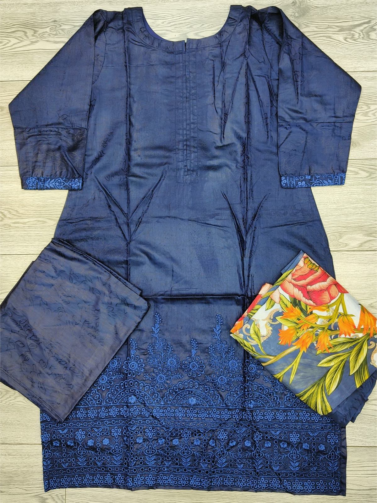 Royal blue embossed silk fabric shalwar kameez with silk floral print dupatta in sizes [M to 8XL] womenswear traditional clothing - AdoreByKhwahish