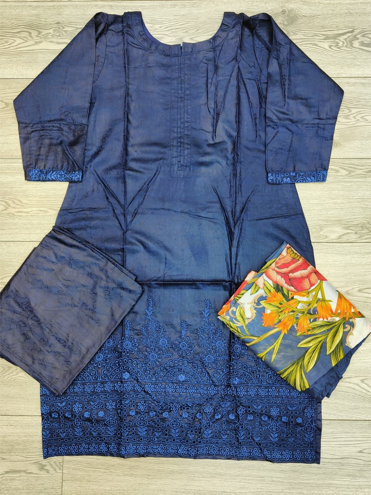 Royal blue embossed silk fabric shalwar kameez with silk floral print dupatta in sizes [M to 8XL] womenswear traditional clothing - AdoreByKhwahish