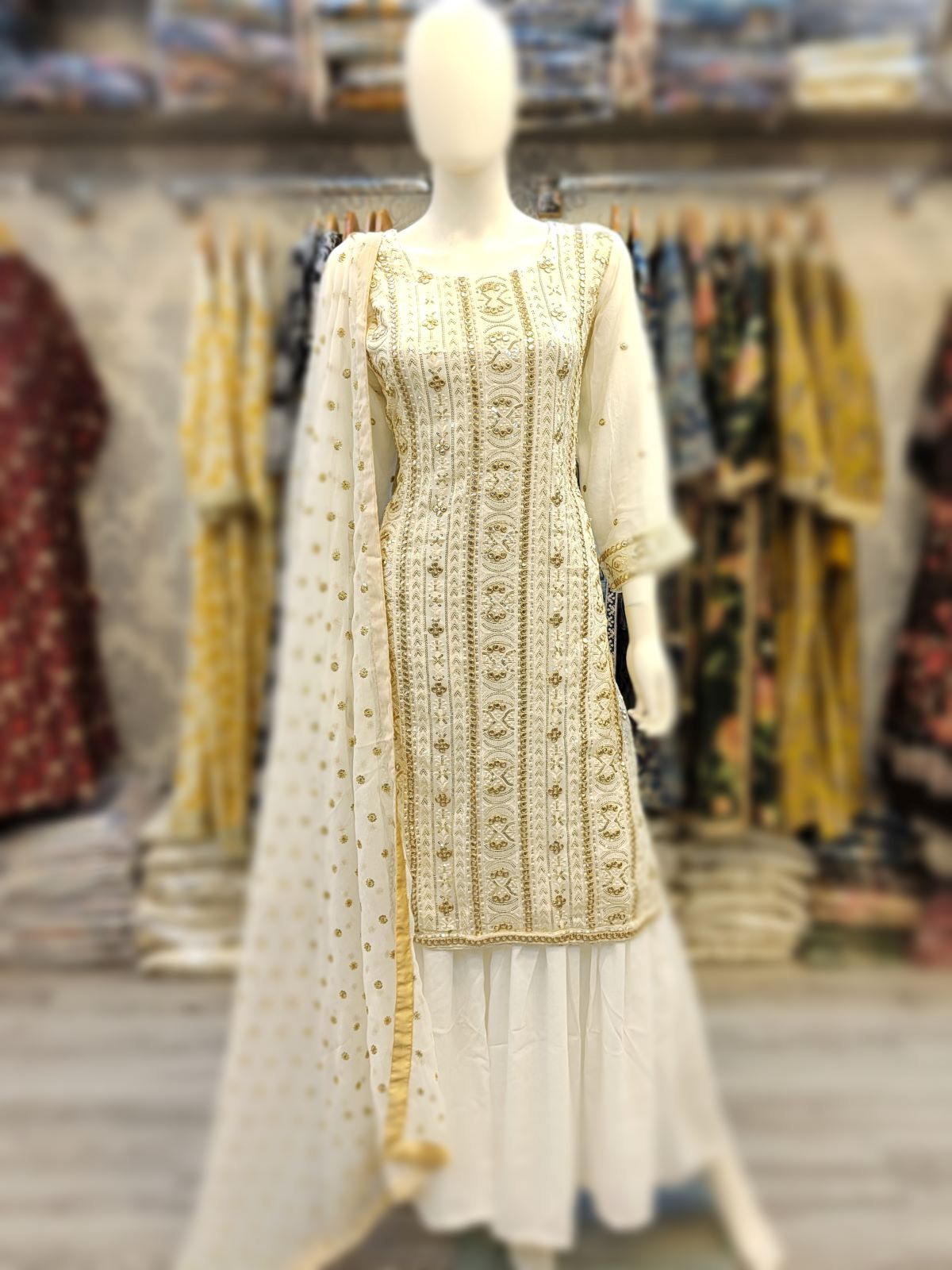 RPB off - white with gold colour sequins zari and foil embellishments chiffon fabric sharara outfit with embroidery chiffon dupatta in sizes (S to 3XL) womenswear traditional plus size - AdoreByKhwahish