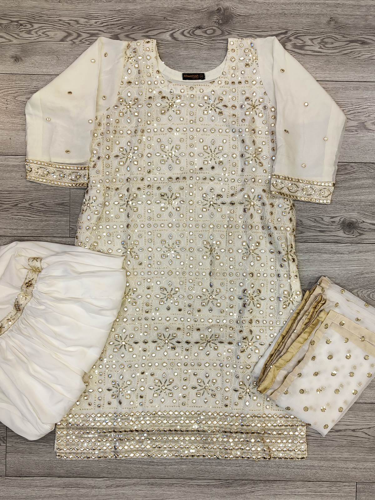 RPB off - white with gold colour sequins zari and foil embellishments chiffon fabric sharara outfit with embroidery chiffon dupatta in sizes (S to 3XL) womenswear traditional plus size - AdoreByKhwahish