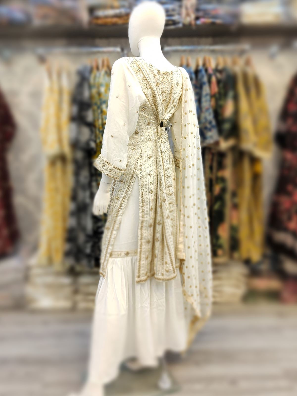RPB off - white with gold colour sequins zari and foil embellishments chiffon fabric sharara outfit with embroidery chiffon dupatta in sizes (S to 3XL) womenswear traditional plus size - AdoreByKhwahish