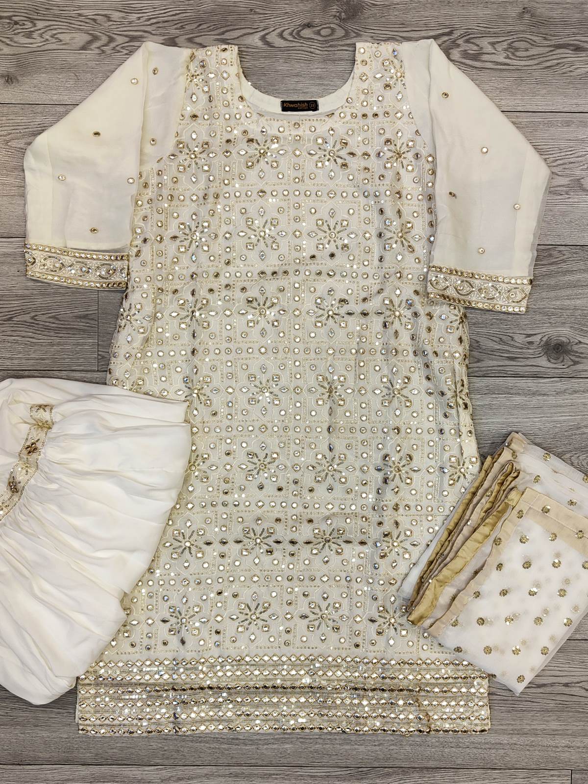 RPB off - white with gold colour sequins zari and foil embellishments chiffon fabric sharara outfit with embroidery chiffon dupatta in sizes (S to 3XL) womenswear traditional plus size - AdoreByKhwahish