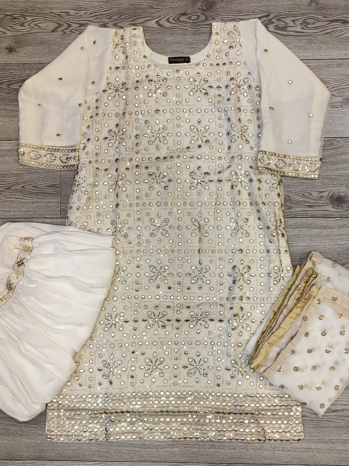 RPB off - white with gold colour sequins zari and foil embellishments chiffon fabric sharara outfit with embroidery chiffon dupatta in sizes (S to 3XL) womenswear traditional plus size - AdoreByKhwahish