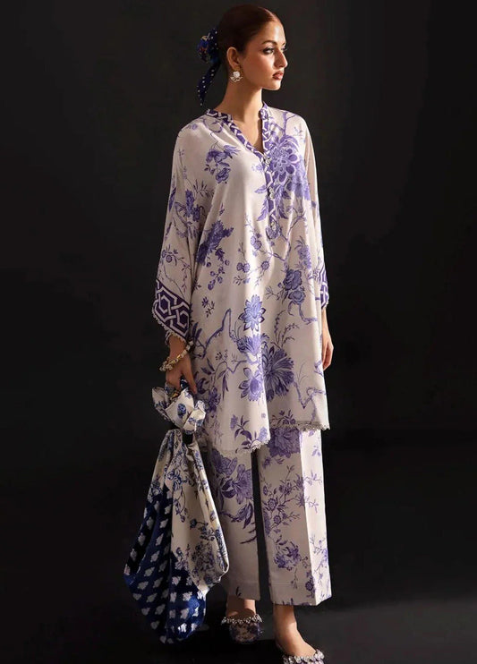 Sana Safinas Mahay 23B original blue and white colour 2 piece cotton fabric excellent quality trouser suit in sizes (S to 7XL) womenswear traditional plus size - AdoreByKhwahish