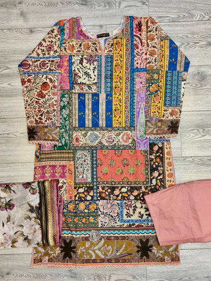 Sana Safinaz Mahay 14A pink and blue multi colour lawn cotton fabric Shalwar kameez with printed dupatta in sizes [M to 8XL] womenswear traditional plus size clothing - AdoreByKhwahish