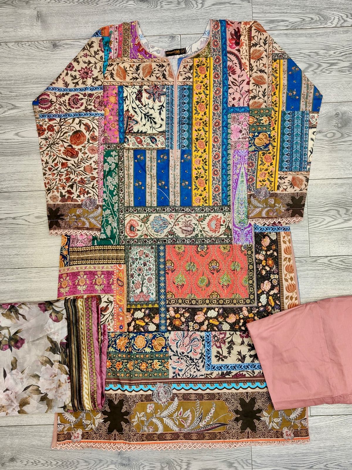 Sana Safinaz Mahay 14A pink and blue multi colour lawn cotton fabric Shalwar kameez with printed dupatta in sizes [M to 8XL] womenswear traditional plus size clothing - AdoreByKhwahish