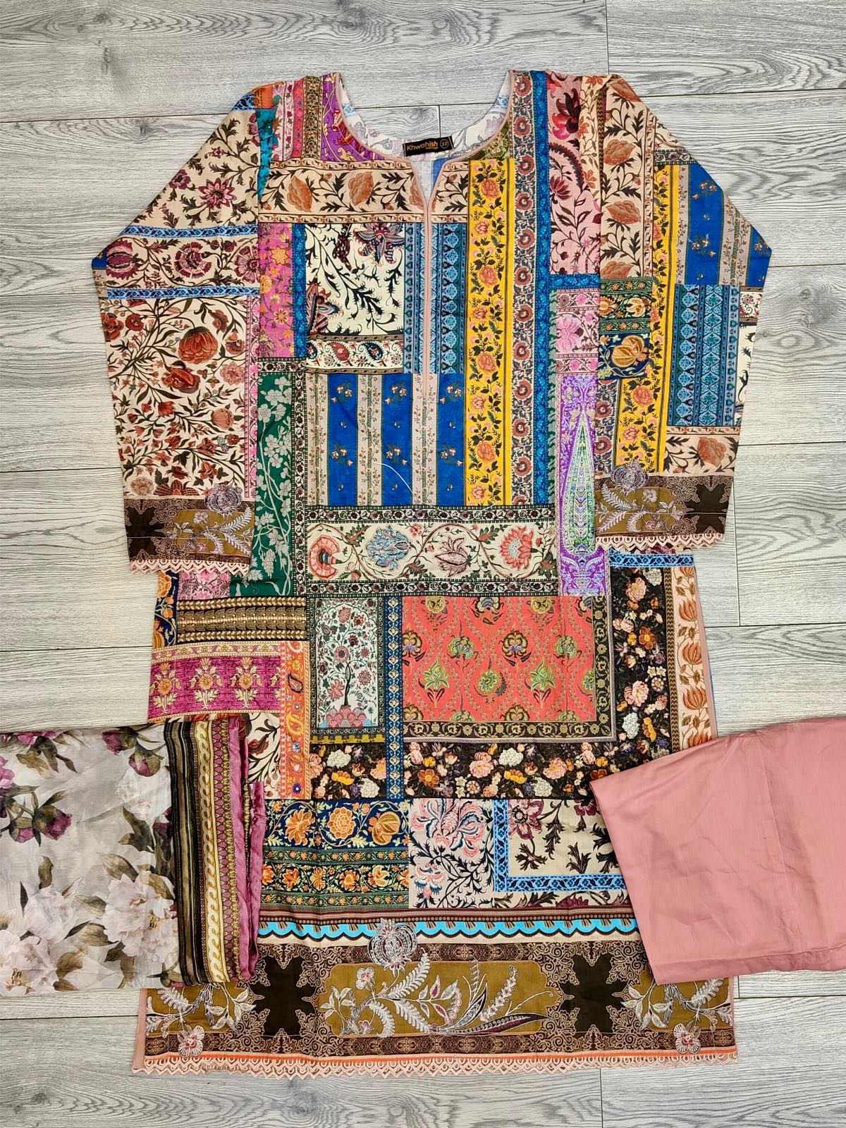 Sana Safinaz Mahay 14A pink and blue multi colour lawn cotton fabric Shalwar kameez with printed dupatta in sizes [M to 8XL] womenswear traditional plus size clothing - AdoreByKhwahish