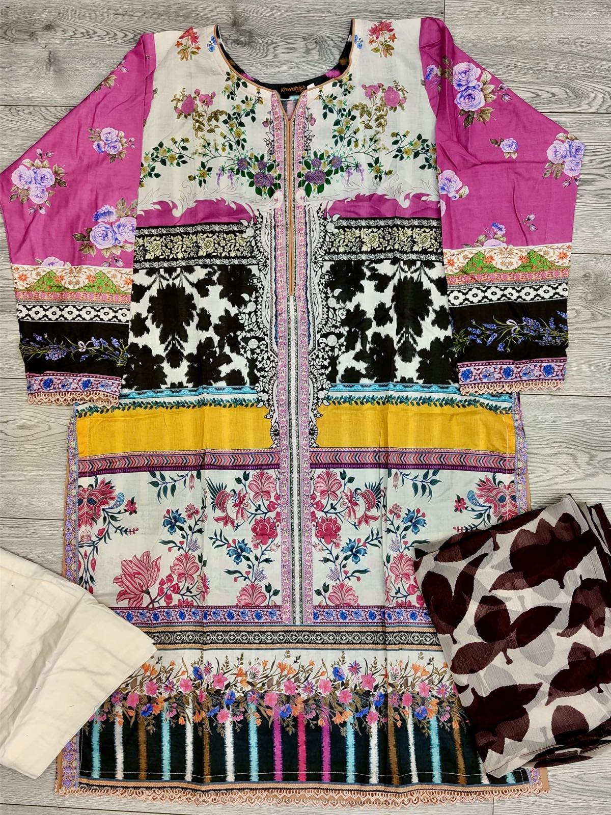 Sana Safinaz Mahay 27A Pink and Mustard colour lawn cotton fabric Shalwar kameez with printed dupatta in sizes [M to 8XL] womenswear traditional plus size clothing - AdoreByKhwahish