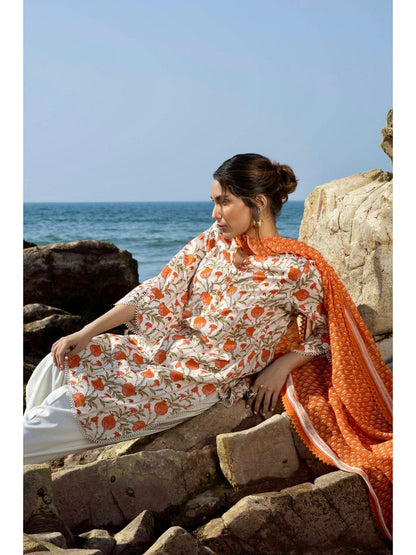 Sana Safinaz Mahay 2B Orange Peel and White colour lawn cotton fabric shalwar kameez in floral print with printed dupatta in sizes [M to 8XL] womenswear traditional plus size clothing - AdoreByKhwahish