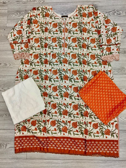 Sana Safinaz Mahay 2B Orange Peel and White colour lawn cotton fabric shalwar kameez in floral print with printed dupatta in sizes [M to 8XL] womenswear traditional plus size clothing - AdoreByKhwahish