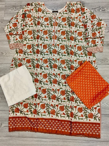 Sana Safinaz Mahay 2B Orange Peel and White colour lawn cotton fabric shalwar kameez in floral print with printed dupatta in sizes [M to 8XL] womenswear traditional plus size clothing - AdoreByKhwahish