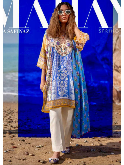 Sana Safinaz Mahay 3A Blue and Light Mustard colour lawn cotton fabric shalwar kameez with printed dupatta in sizes [M to 8XL] womenswear traditional plus size clothing - AdoreByKhwahish