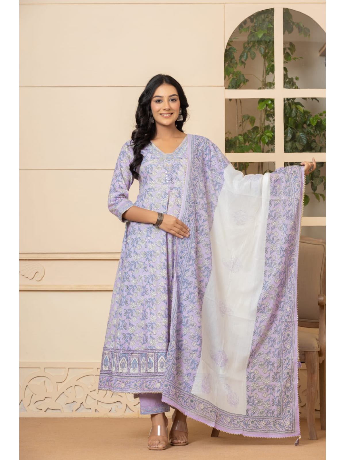 SM lilac colour cotton dress with embroidery on neck with dupatta and capri trousers in sizes [S to XL] womenswear traditional dress - AdoreByKhwahish