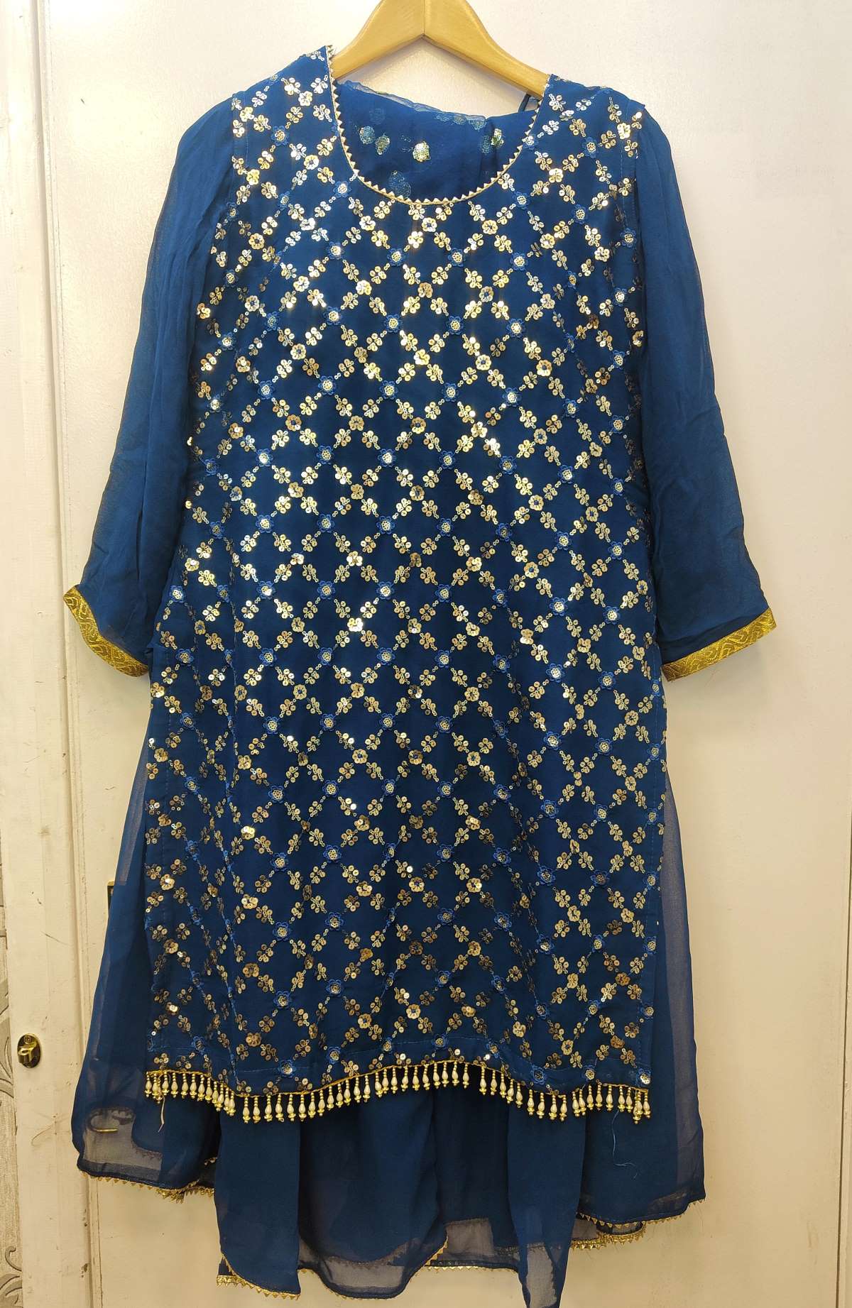 SM navy blue colour georgette fabric sharara suit with chiffon sharara and net dupatta in size medium womenswear traditional dress - AdoreByKhwahish