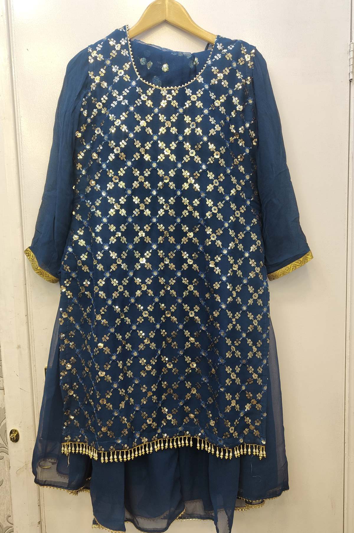 SM navy blue colour georgette fabric sharara suit with chiffon sharara and net dupatta in size medium womenswear traditional dress - AdoreByKhwahish